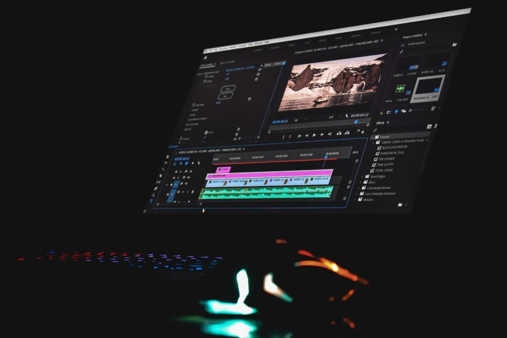 Laptop screen open on video editing interface